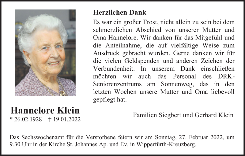  Traueranzeige für Hannelore Klein vom 19.02.2022 aus Kölner Stadt-Anzeiger / Kölnische Rundschau / Express