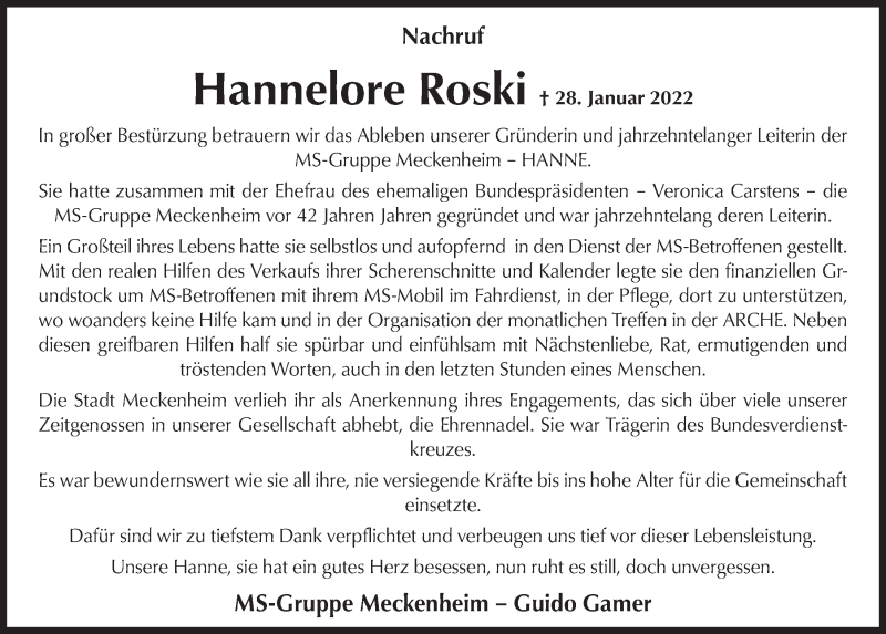  Traueranzeige für Hannelore Roski vom 18.02.2022 aus  Schaufenster/Blickpunkt 