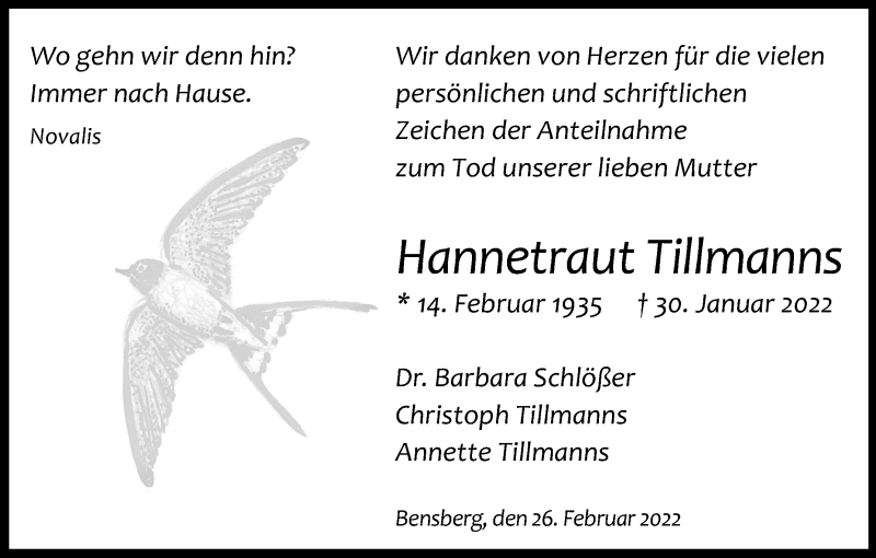  Traueranzeige für Hannetraut Tillmanns vom 26.02.2022 aus Kölner Stadt-Anzeiger / Kölnische Rundschau / Express