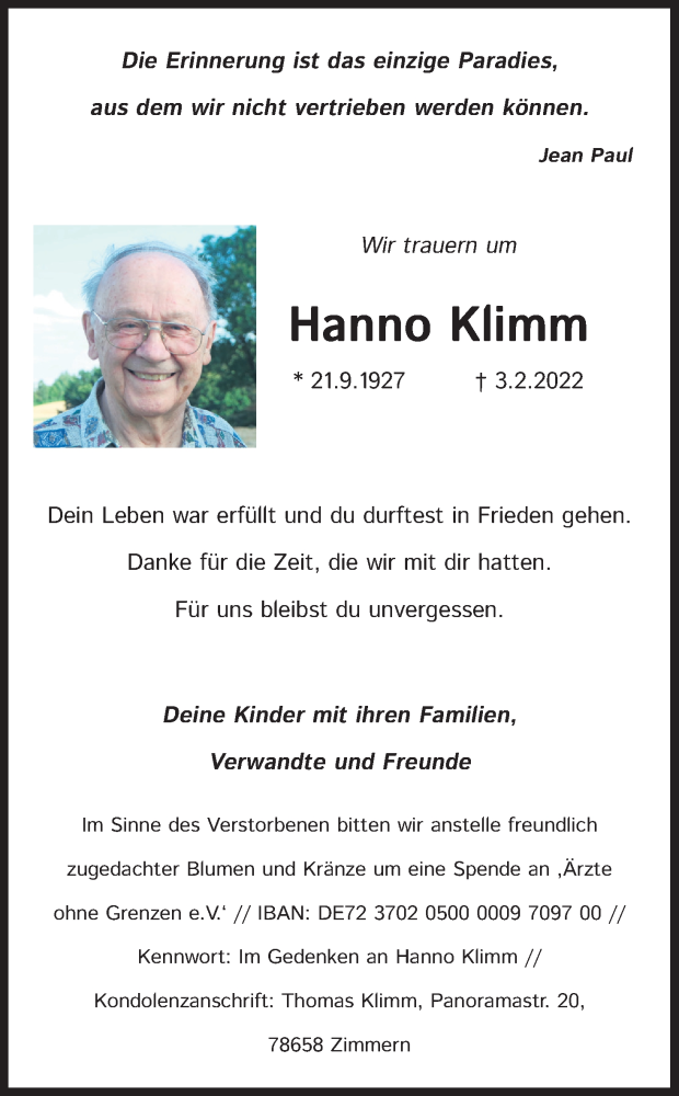  Traueranzeige für Hanno Klimm vom 19.02.2022 aus Kölner Stadt-Anzeiger / Kölnische Rundschau / Express