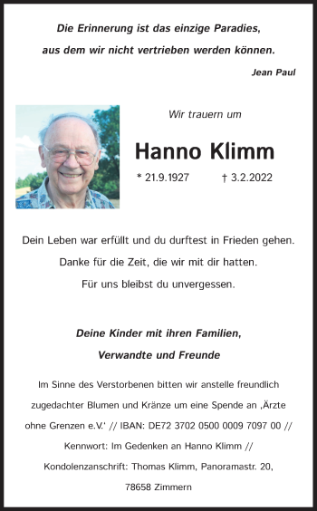 Anzeige von Hanno Klimm von Kölner Stadt-Anzeiger / Kölnische Rundschau / Express