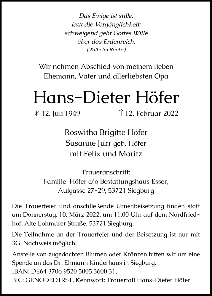  Traueranzeige für Hans-Dieter Höfer vom 26.02.2022 aus Kölner Stadt-Anzeiger / Kölnische Rundschau / Express