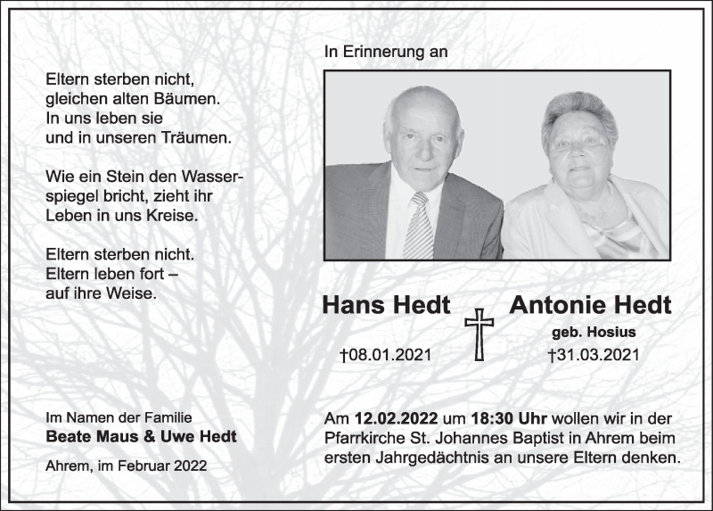  Traueranzeige für Hans Hedt vom 04.02.2022 aus  Werbepost 