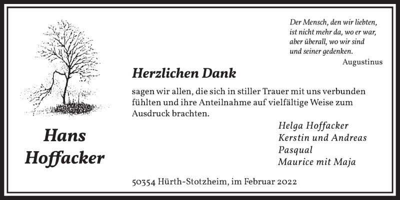  Traueranzeige für Hans Hoffacker vom 11.02.2022 aus  Wochenende 