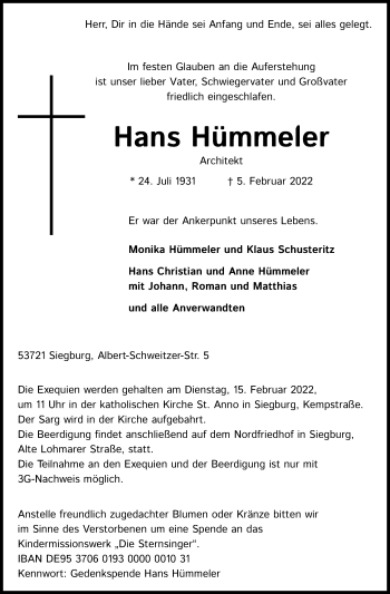Anzeige von Hans Hümmeler von Kölner Stadt-Anzeiger / Kölnische Rundschau / Express