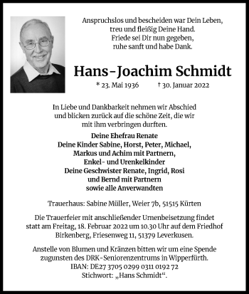 Anzeige von Hans-Joachim Schmidt von Kölner Stadt-Anzeiger / Kölnische Rundschau / Express