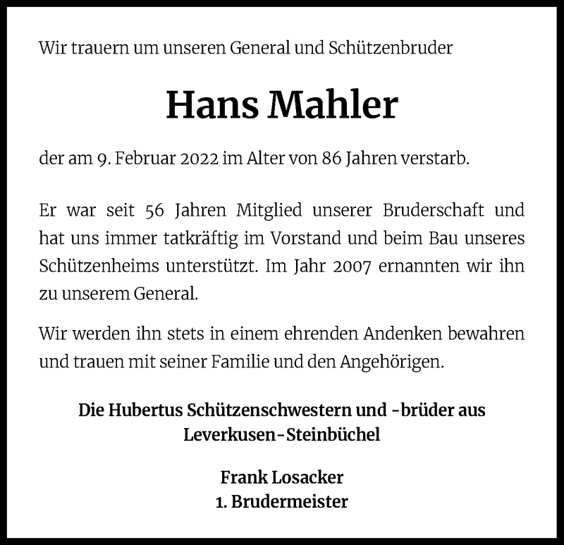  Traueranzeige für Hans Mahler vom 19.02.2022 aus Kölner Stadt-Anzeiger / Kölnische Rundschau / Express