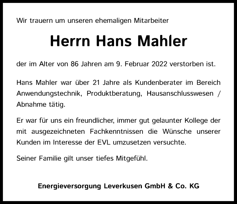  Traueranzeige für Hans Mahler vom 19.02.2022 aus Kölner Stadt-Anzeiger / Kölnische Rundschau / Express
