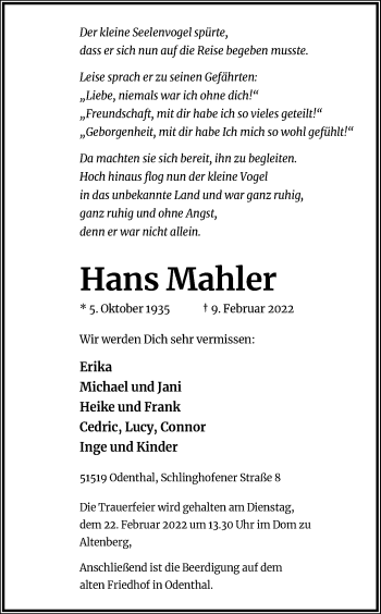 Anzeige von Hans Mahler von Kölner Stadt-Anzeiger / Kölnische Rundschau / Express