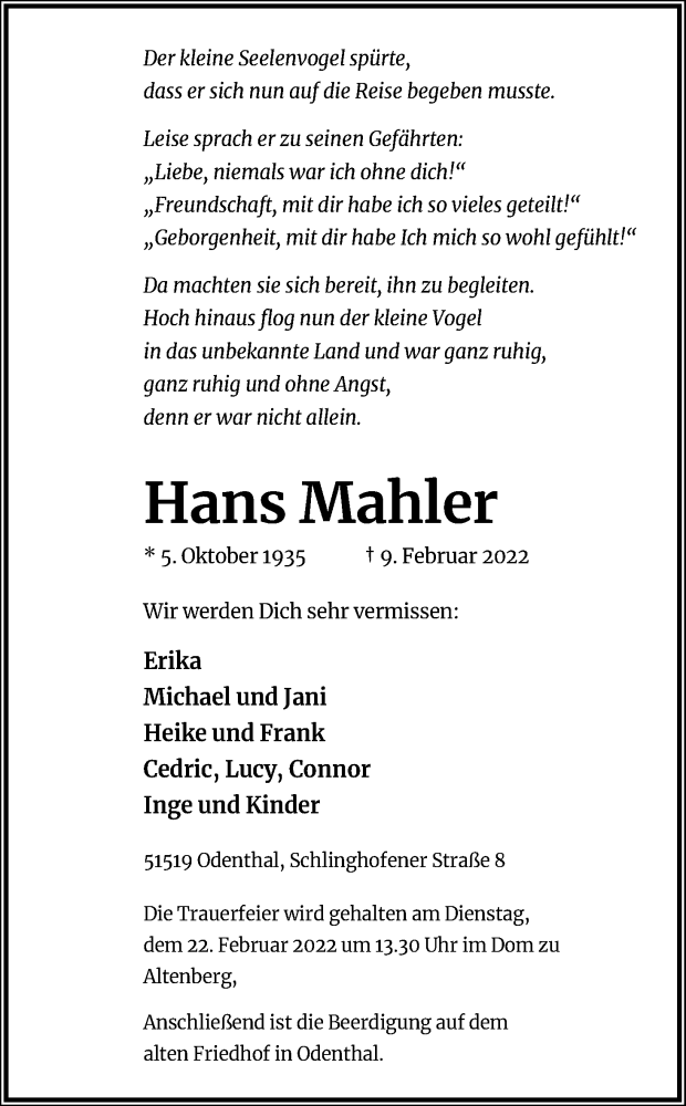  Traueranzeige für Hans Mahler vom 16.02.2022 aus Kölner Stadt-Anzeiger / Kölnische Rundschau / Express