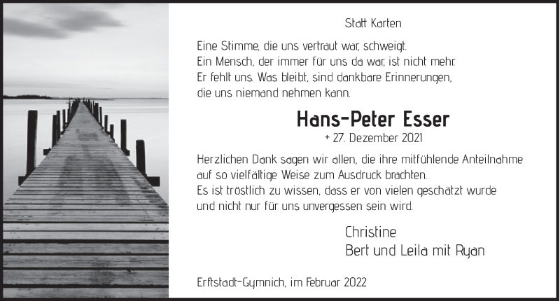  Traueranzeige für Hans-Peter Esser vom 25.02.2022 aus  Werbepost 