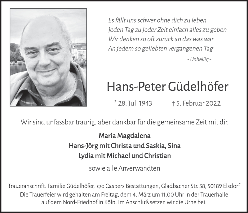  Traueranzeige für Hans-Peter Güdelhöfer vom 25.02.2022 aus  Werbepost 