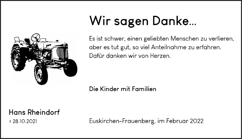  Traueranzeige für Hans Rheindorf vom 12.02.2022 aus  Blickpunkt Euskirchen 