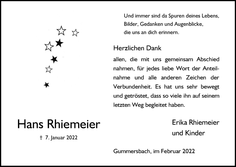  Traueranzeige für Hans Rhiemeier vom 18.02.2022 aus Kölner Stadt-Anzeiger / Kölnische Rundschau / Express