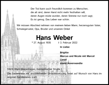 Anzeige von Hans Weber von Kölner Stadt-Anzeiger / Kölnische Rundschau / Express