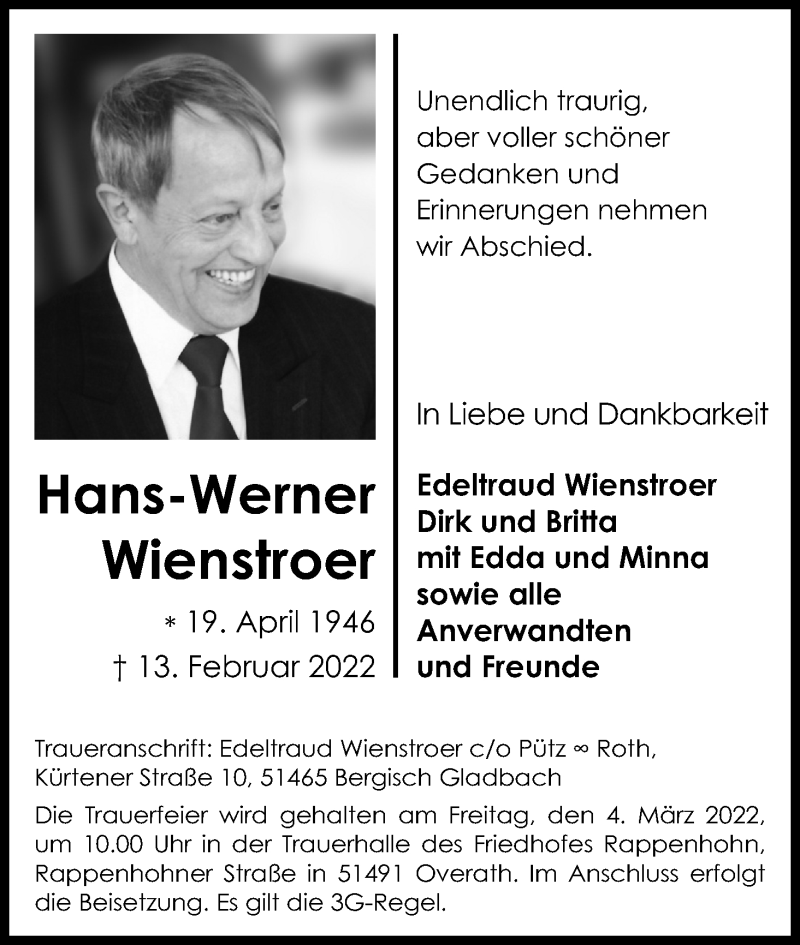  Traueranzeige für Hans-Werner Wienstroer vom 19.02.2022 aus Kölner Stadt-Anzeiger / Kölnische Rundschau / Express