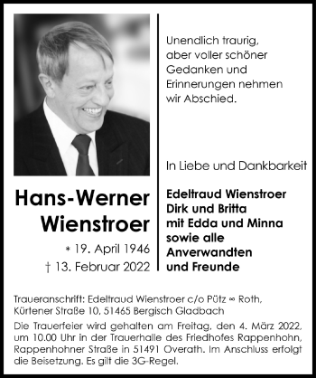 Anzeige von Hans-Werner Wienstroer von  Bergisches Handelsblatt 