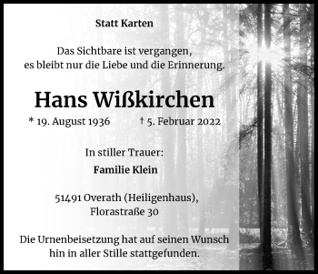Anzeige von Hans Wißkirchen von Kölner Stadt-Anzeiger / Kölnische Rundschau / Express