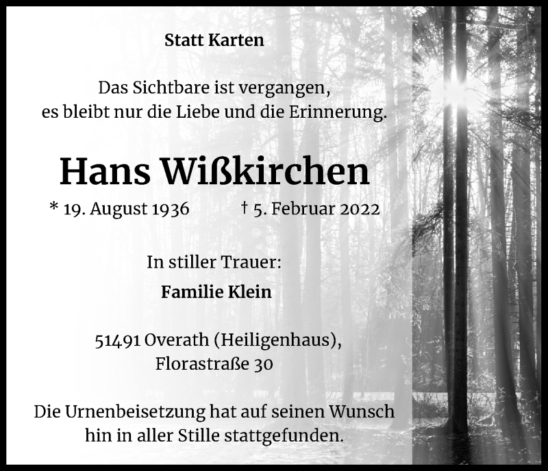  Traueranzeige für Hans Wißkirchen vom 12.02.2022 aus Kölner Stadt-Anzeiger / Kölnische Rundschau / Express