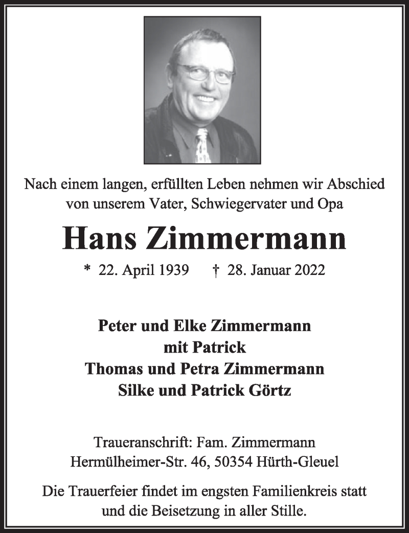  Traueranzeige für Hans Zimmermann vom 04.02.2022 aus  Wochenende 