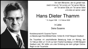 Anzeige von Hans Dieter Thamm von Kölner Stadt-Anzeiger / Kölnische Rundschau / Express