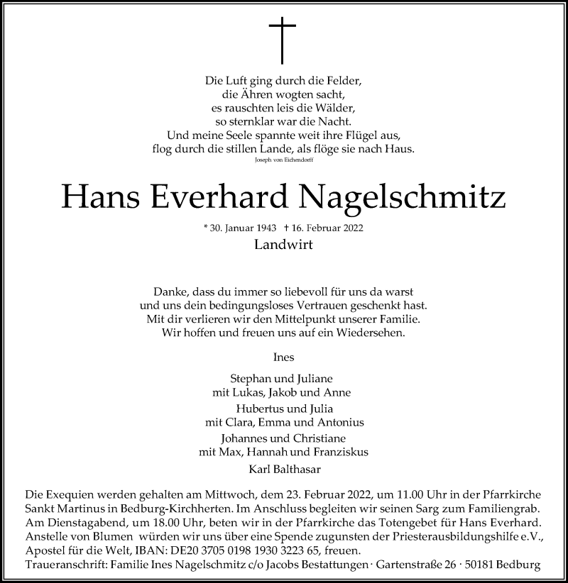  Traueranzeige für Hans Everhard Nagelschmitz vom 19.02.2022 aus Kölner Stadt-Anzeiger / Kölnische Rundschau / Express