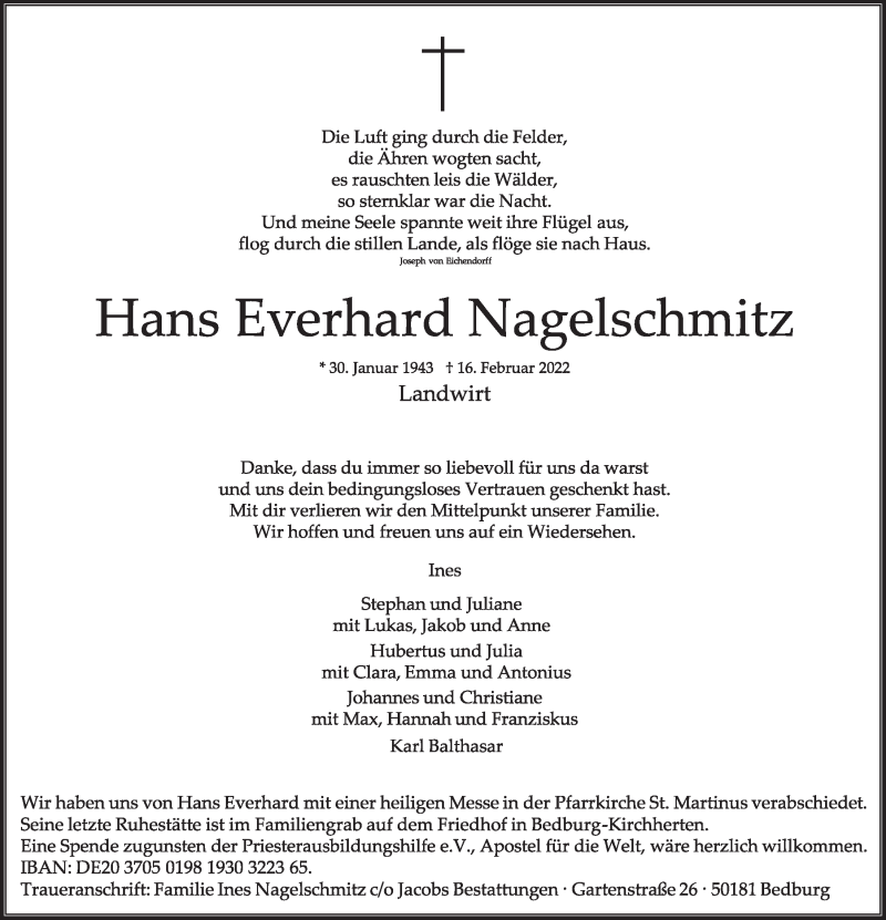  Traueranzeige für Hans Everhard Nagelschmitz vom 25.02.2022 aus  Werbepost 