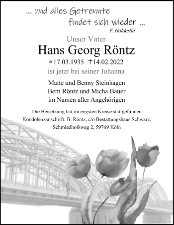 Anzeige von Hans Georg Röntz von Kölner Stadt-Anzeiger / Kölnische Rundschau / Express