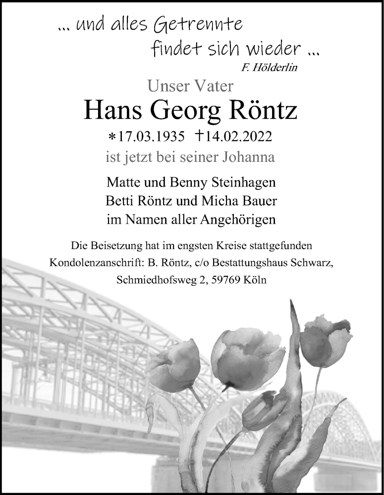  Traueranzeige für Hans Georg Röntz vom 26.02.2022 aus Kölner Stadt-Anzeiger / Kölnische Rundschau / Express