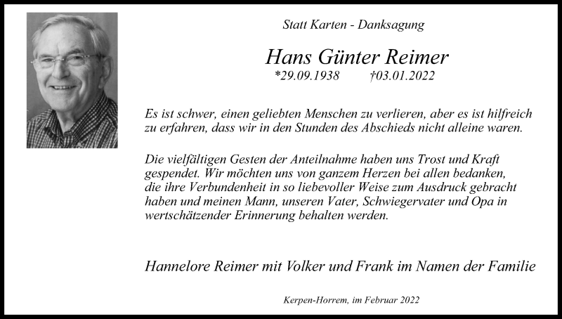  Traueranzeige für Hans Günter Reimer vom 19.02.2022 aus Kölner Stadt-Anzeiger / Kölnische Rundschau / Express