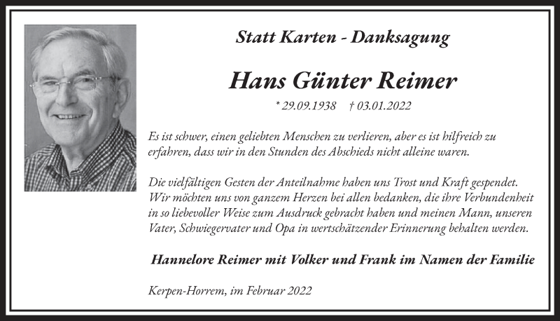  Traueranzeige für Hans Günter Reimer vom 18.02.2022 aus  Werbepost 