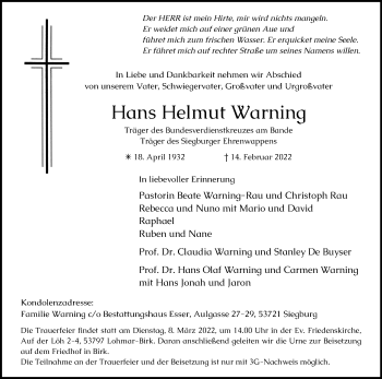 Anzeige von Hans Helmut Warning von Kölner Stadt-Anzeiger / Kölnische Rundschau / Express