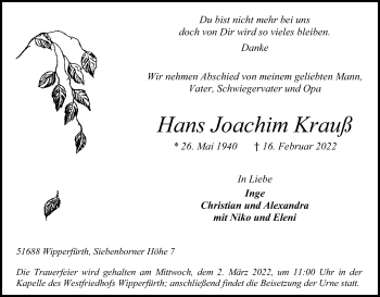 Anzeige von Hans Joachim Krauß von Kölner Stadt-Anzeiger / Kölnische Rundschau / Express
