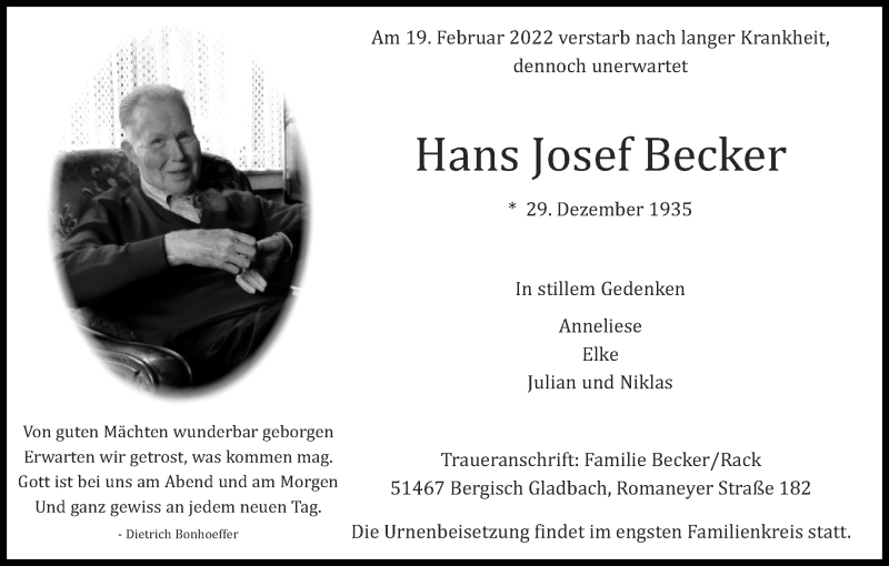  Traueranzeige für Hans Josef Becker vom 26.02.2022 aus Kölner Stadt-Anzeiger / Kölnische Rundschau / Express