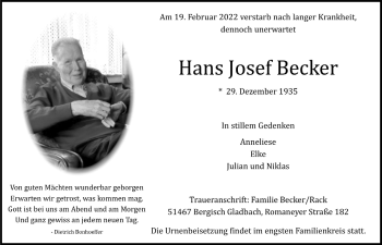 Anzeige von Hans Josef Becker von  Bergisches Handelsblatt 