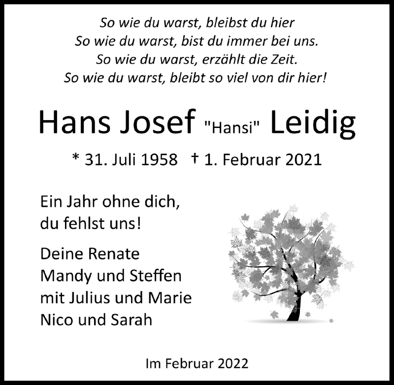  Traueranzeige für Hans Josef Leidig vom 04.02.2022 aus  Lokalanzeiger 