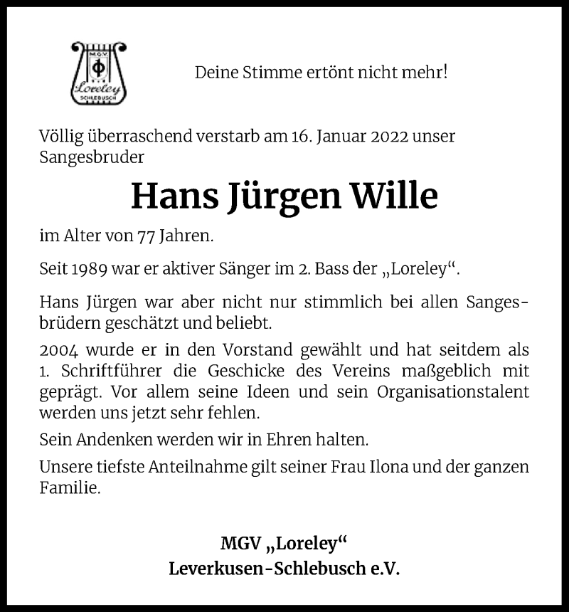  Traueranzeige für Hans Jürgen Wille vom 10.02.2022 aus Kölner Stadt-Anzeiger / Kölnische Rundschau / Express