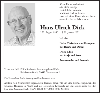 Anzeige von Hans Ulrich Dick von  Anzeigen Echo 