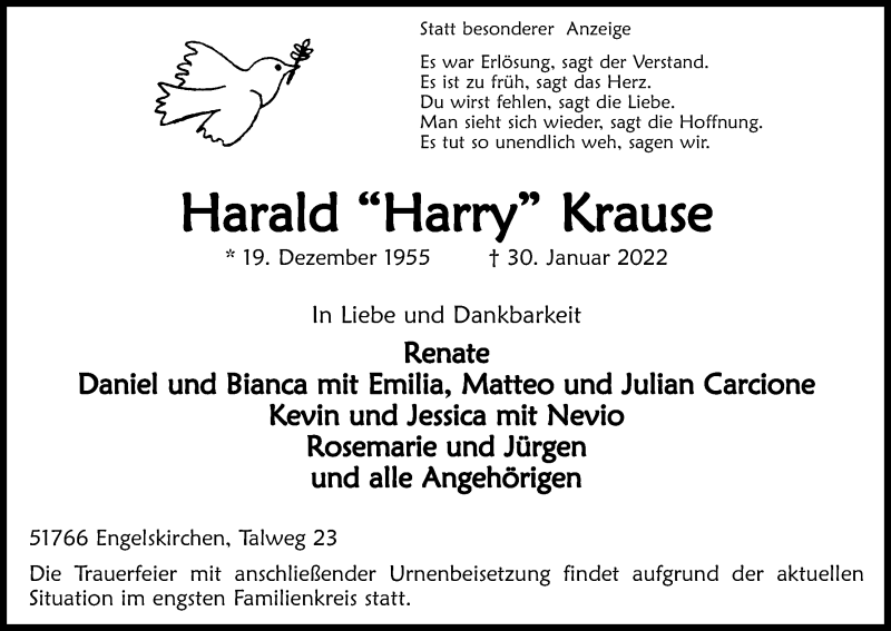  Traueranzeige für Harald Krause vom 05.02.2022 aus Kölner Stadt-Anzeiger / Kölnische Rundschau / Express