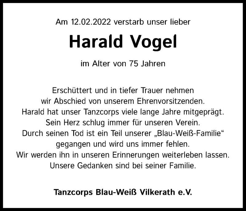  Traueranzeige für Harald Vogel vom 19.02.2022 aus Kölner Stadt-Anzeiger / Kölnische Rundschau / Express