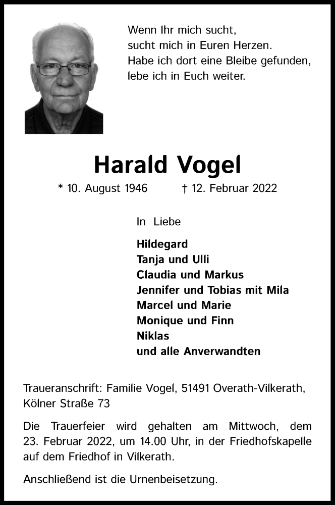  Traueranzeige für Harald Vogel vom 19.02.2022 aus Kölner Stadt-Anzeiger / Kölnische Rundschau / Express