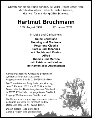 Anzeige von Hartmut Bruchmann von Kölner Stadt-Anzeiger / Kölnische Rundschau / Express