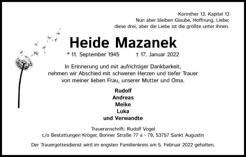  Traueranzeige für Heide Mazanek vom 02.02.2022 aus Kölner Stadt-Anzeiger / Kölnische Rundschau / Express
