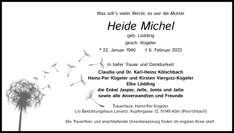  Traueranzeige für Heide Michel vom 12.02.2022 aus Kölner Stadt-Anzeiger / Kölnische Rundschau / Express