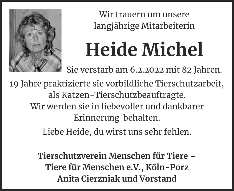  Traueranzeige für Heide Michel vom 18.02.2022 aus  EXPRESS - Die Woche 