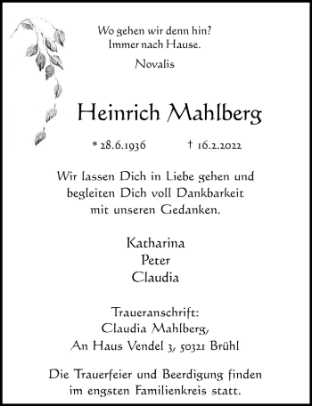 Anzeige von Heinrich Mahlberg von  Schlossbote/Werbekurier 