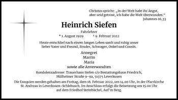 Anzeige von Heinrich Siefen von Kölner Stadt-Anzeiger / Kölnische Rundschau / Express