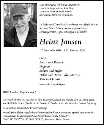Anzeige von Heinz Jansen von Kölner Stadt-Anzeiger / Kölnische Rundschau / Express