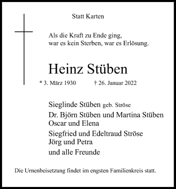 Anzeige von Heinz Stüben von Kölner Stadt-Anzeiger / Kölnische Rundschau / Express
