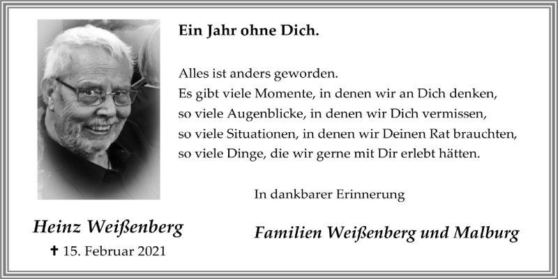  Traueranzeige für Heinz Weißenberg vom 11.02.2022 aus  Lokale Informationen 